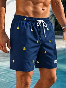 VIVINTIMO Plus Size Men's Cartoon Duck Print Slant Pocket Beach Shorts, Holiday - Navy Blue - View 8