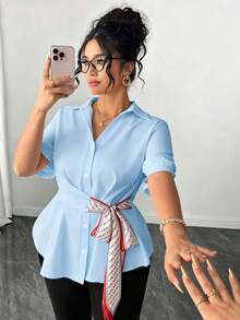 Elenzga Plus Size Women's Belt Scarf Decor Pleated Casual Versatile Daily Wear Blouse - Baby Blue - View 3