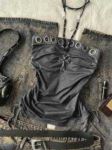 Attitoon Women's Summer Casual Metal Eyelet Decor Side Drawstring Bandeau Top,Summer Top - Dark Grey - View 3