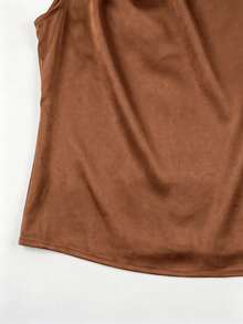 SHEIN LUNE CURVE Plus Size Premium Satin Asymmetrical Shoulder Top, Flattering And Elegant - Brown - View 3