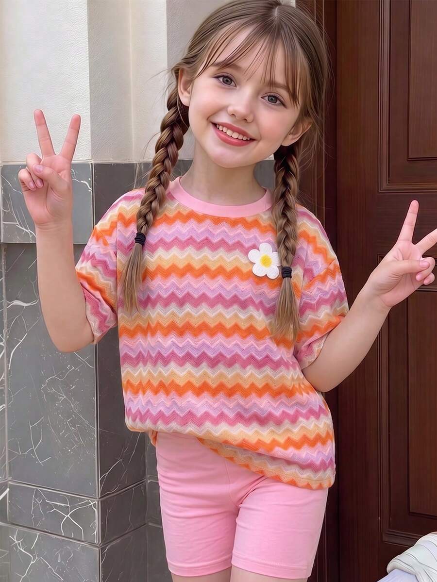 2件組女童夏季新款軟面料橘色彩色條紋印花圓領短袖T恤+鬆緊腰寬鬆短褲,簡約百搭時尚夏日海灘度假穿搭,女童日常穿著青少年風格 - 彩色 - 查看 1