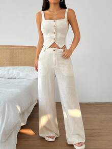 SHEIN EZwear 2件組女款優雅休閒極簡約約會早午餐度假套裝：方領鈕扣背心＋寬鬆寬腿長褲 米色 夏季 - 卡其色 - 查看 5