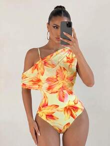 Sirith Knitted Floral Digital Print Sexy Wireless Bikini Set, Elegant Summer Swimwear For Beach Vacation, Party, Outing Orange Floral - Multicolor - View 1