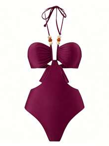 Swim SXY Traje de baño de una pieza con corte alto, sin tirantes, sin espalda, con lazo y decoración de cuentas, para playa y vacaciones, de unicolor para primavera/verano - Burdeos - Ver 3