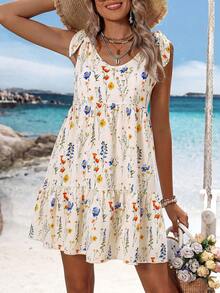 Swim Vcay Women Elegant Floral Tie-Knot Ruffle Hem Beach Vacation Dress,Summer Boho Holiday Beige,Casual Party Easter Countryside Work Outfit For Wedding,Club - Apricot - View 4