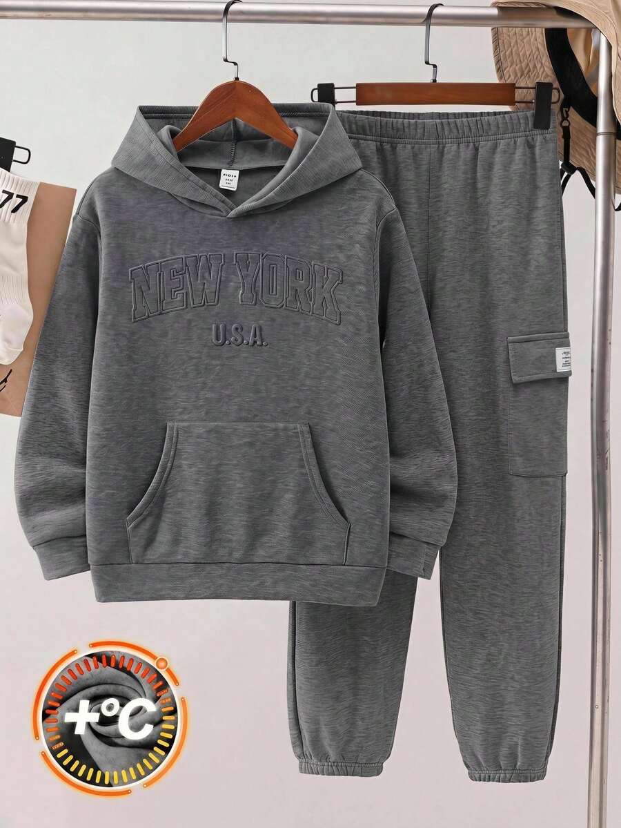 SHEIN 2件組兒童青少年男孩休閒連帽衛衣與工裝褲套裝,適合秋冬季,秋季衣著,冬季衣著,學校,開學,運動 - 灰色 - 查看 1