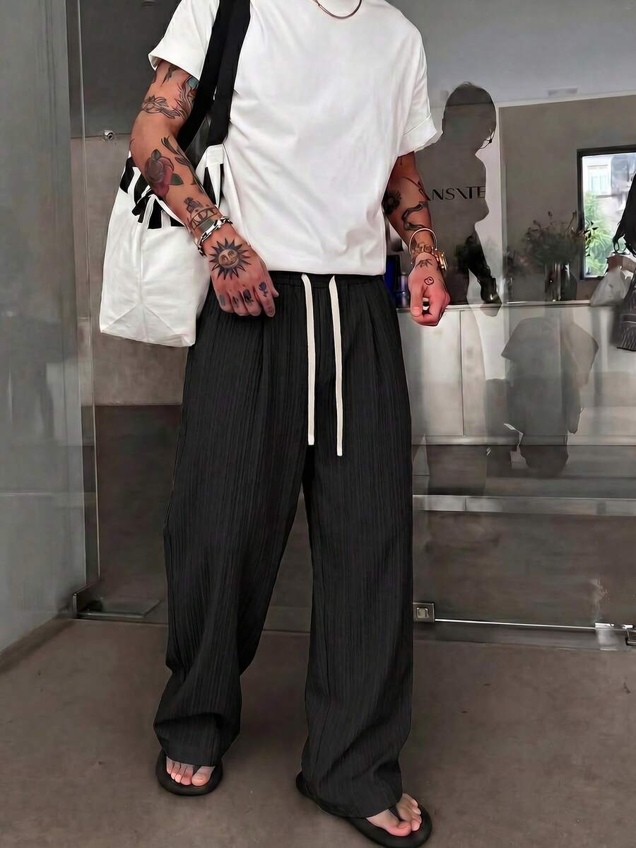 STEELVANCE 男士休閒百搭素色長褲 - 黑色 - 查看 1