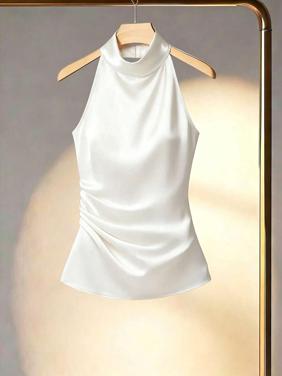 Franclia 女款純色掛脖垂墜優雅修身襯衫,夏季風格 - 白色 - 查看 1
