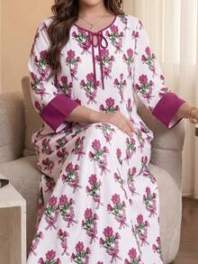 SHEIN Najma 蝴蝶結花束植物印花淺白色大尺碼女款洋裝，小V領繫帶設計寬鬆長洋裝，春夏中長袖優雅洋裝 - 彩色 - 查看 5
