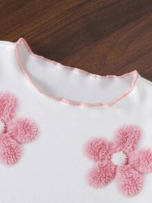 SHEIN Casuvi Kids 女童圓領 3D 花朵裝飾短袖 T 恤搭配鬆緊腰長褲休閒日常套裝 - 彩色 - 查看 4