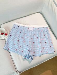 Napfluff CURVE Napfluff CURVE 2pcs Plus Size Women's Plaid Cherry Print Patchwork Shorts Set Night Light Blue Pink Summer - Multicolor - View 4