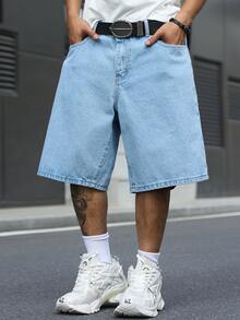 Manfinity EMRG Men's Street Style Casual Embroidered Blue Denim Shorts - Light Wash - View 4