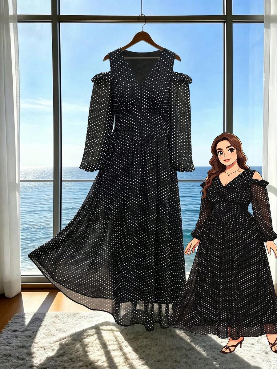 Modelyn Robe élégante à imprimé pois, col en V, épaules dénudées, manches longues, taille cintrée, coupe trapèze, coupe régulière, grande taille, pour le printemps et l'automne - Noir - Voir 1