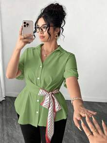 Elenzga Đầm công sở nữ size lớn thanh lịch đi làm, trang trí thắt lưng và khăn choàng - Màu xanh Ô liu - Xem 3