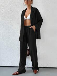 Aveloria Modichic Women Fall Textured 2 Pieces Set Button Down Shirt Wide Leg Pants Business Casual - Black - View 3