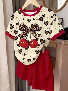 (2 Random Item From 4) Girls' Colorful Striped Floral Strawberry Leopard Bow Polka Dot Cherry Pattern Basic Short T-Shirt And Shorts Set - Multicolor - View 6