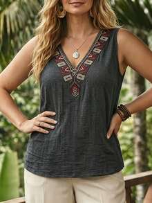 Linhara CURVE Plus Size Women Retro Boho Casual Printed Linen Blend Comfortable Camisole Vacation Navy Blue Summer - Black - View 5