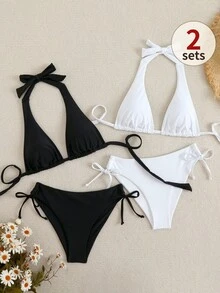 Swim Vcay 女款夏季海灘掛脖比基尼泳衣 黑白兩件套 - 黑與白 - 查看 6