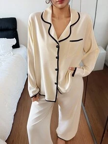 SHEIN 女士撞色翻领宽松长袖睡衣套装，秋冬睡衣套装，女士睡衣套装 - 彩色 - 查看 4