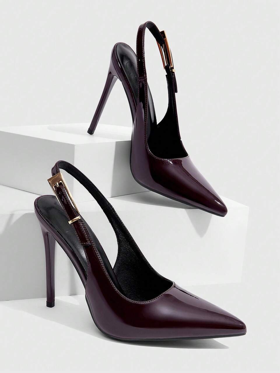 CUCCOO SZL Women Shoes New Pointed Brown Glossy Buckle Slingback Stiletto Shoes, Fashionable And Sexy Party Banquet Dating