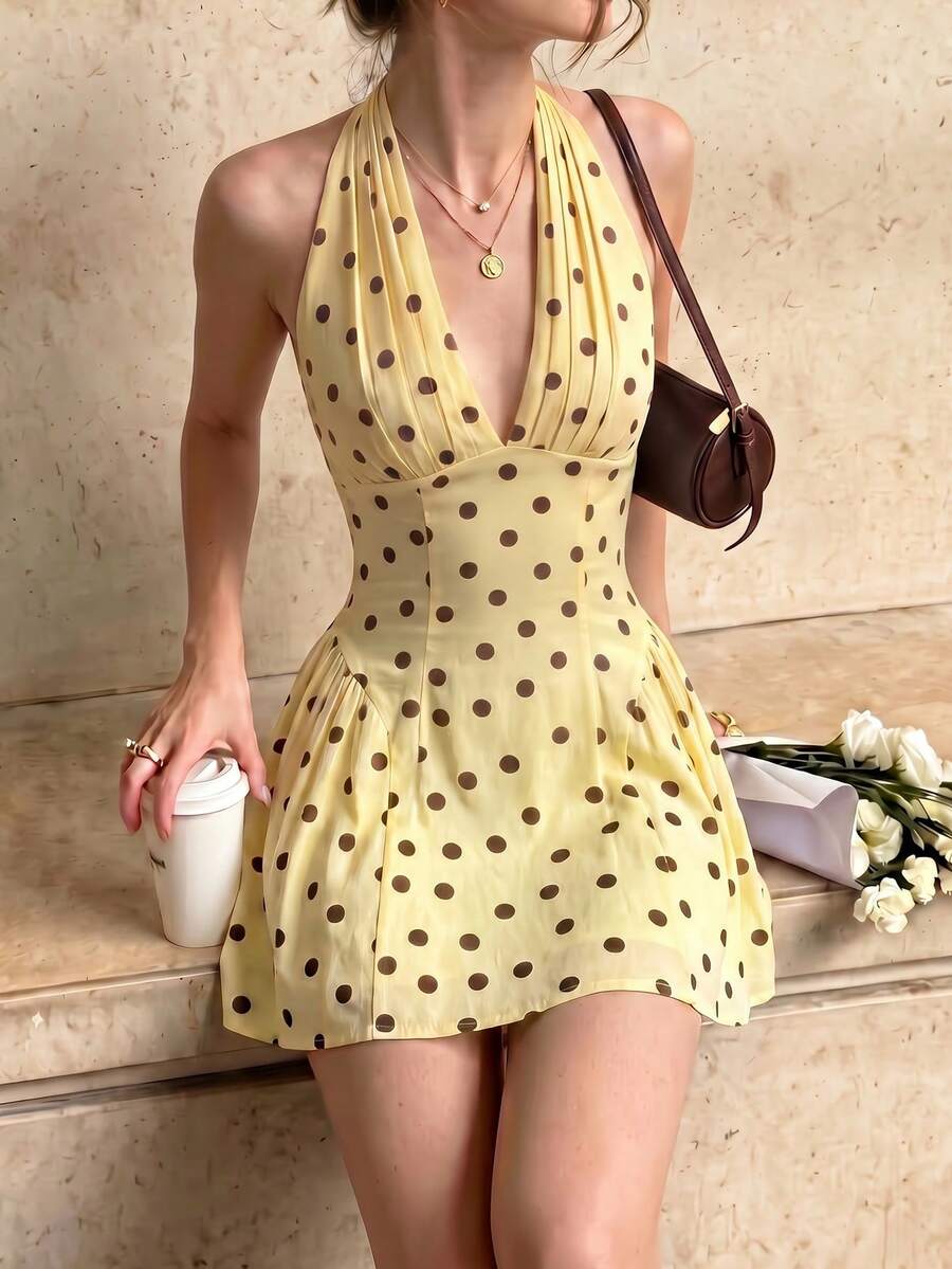 SHEIN PariChic 女款夏季優雅休閒派對度假日常穿著法式復古黃色配棕色波點印花深V領掛脖迷你洋裝無袖A字收腰泡泡短洋裝 - 淡黃色 - 查看 1