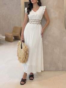 Modelyn Women White V Neck Ruffle Sleeveless Maxi Dress, Textured Fabric Coin Tassel Waist Band Flowy Loose Vacation Long Dress - Khaki - View 7