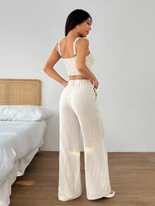 SHEIN EZwear 2件組女款優雅休閒極簡約約會早午餐度假套裝：方領鈕扣背心＋寬鬆寬腿長褲 米色 夏季 - 卡其色 - 查看 2