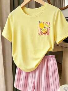 SHEIN 青少年女孩數位條紋與檸檬印花短袖短褲套裝，春夏季休閒舒適時尚，百搭夏季穿搭，適合戶外運動、戶外野餐、街拍、居家、校園、度假、送禮、日常穿著 - 彩色 - 查看 5