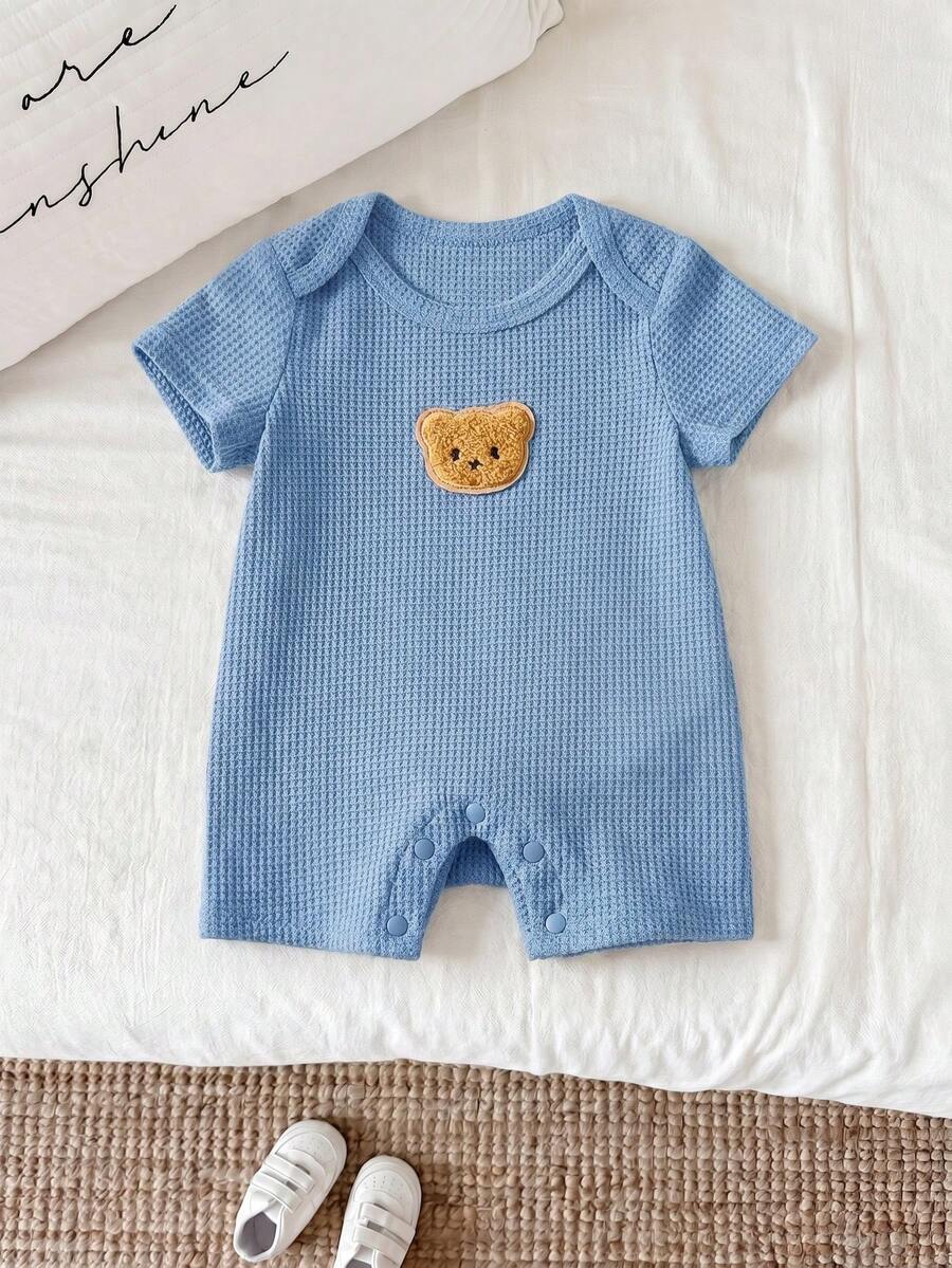 SHEIN 新生男婴/女婴舒适休闲可爱华夫格面料熊装饰短袖连体衣,适合室内、户外、日常、运动、玩耍、派对、拍照、度假、春夏季 - 霧霾藍 - 查看 1