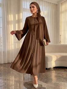 SHEIN Lady CURVE Plus Size Chocolate Brown Autumn Modest Tea Party Dress For Women,Elegant Bell Sleeve Button Front Flared Hem Retro Waist A-Line Casual Office Dress - Brown - View 6