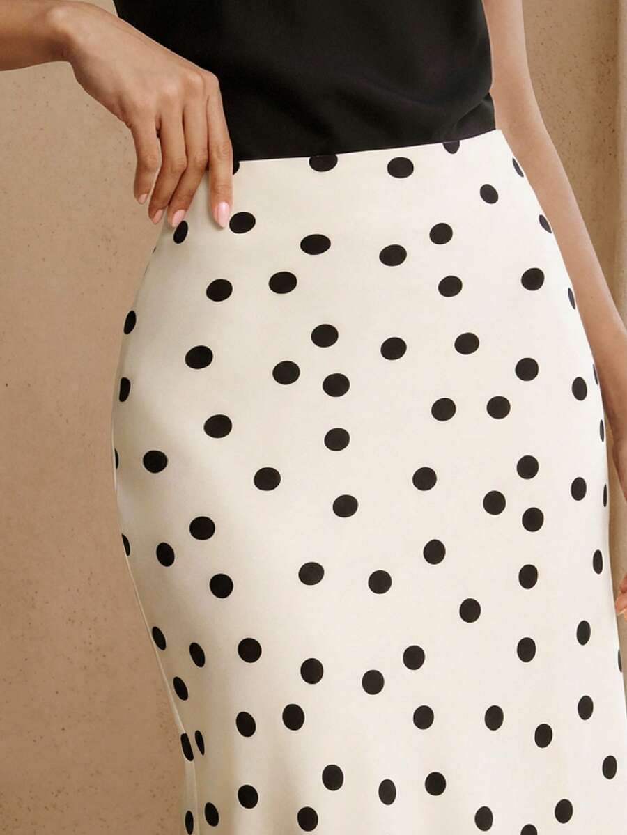 Anewsta Essential Elegant Polka Dot Print Design Women's Midi Skirt, Spring/Summer - White - View 1