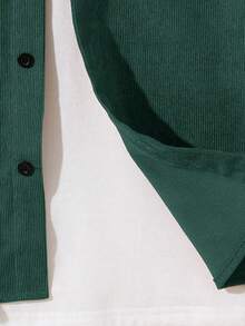 SHEIN Tween Boys' Casual Corduroy Patch Hooded Loose Woven Shirt - Dark Green - View 5