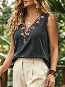 Linhara CURVE Plus Size Women Retro Boho Casual Printed Linen Blend Comfortable Camisole Vacation Navy Blue Summer - Black - View 4