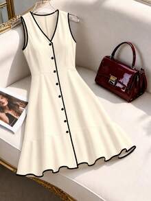 GlowEve CURVE Plus Size Women's Spring And Summer V-Neck Sleeveless Black And White Color Matching Dress, Accessories Button Front And Center Opening Minimalist Casual Outdoor/Commuting White Elegant Dress - White - View 3