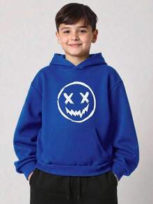 SHEIN Kids Tween Boy Cartoon Long Sleeve Smiling Face Print Sweatshirt Sweatshirt, Casual Daily Wear, Autumn/Winter - Blue - View 5