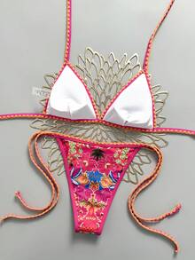Swim Vcay Women's Summer Rose Pink Floral Print Halter Neck Sexy Beach Vacation Bikini 2-Piece Set - Multicolor - View 2