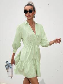 Frievida Striped Print Ruffle Hem Smock Dress Dresses For Women Elegant  - Green - View 5