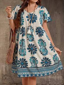 EMERY ROSE Plus Size Floral & Striped Print Casual Vacation Dress - Olive Green - View 1