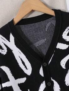 SHEIN 男童時尚簡約字母提花針織開襟毛衣長袖 - 黑色 - 查看 5