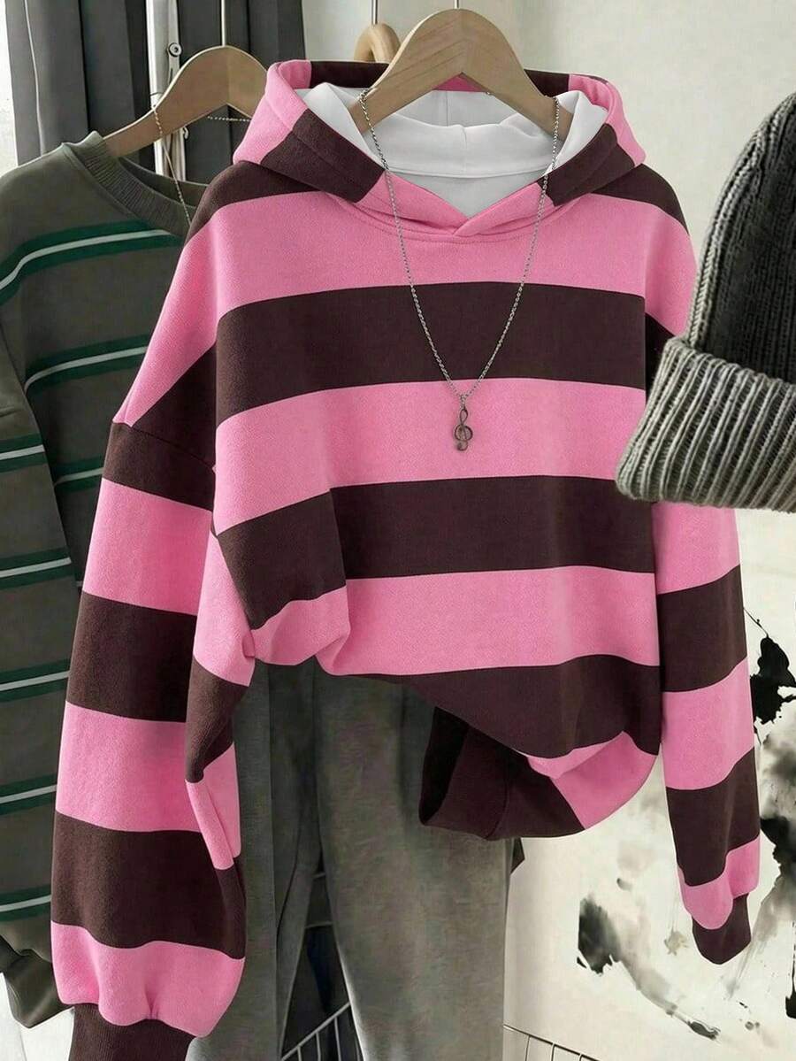 SHEIN EZwear 女款休閒復古連帽衛衣,彩色條紋,秋冬服飾 - 彩色 - 查看 1