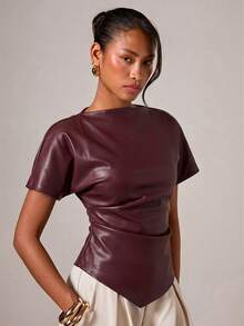COSMINA Women's Autumn Fashion Solid Color Asymmetrical Hem T-Shirt - Elegant Burgundy, Suitable For Dinner Or Night Out, Burgundy PU, Autumn Top, PU Fabric Autumn - Burgundy - View 4
