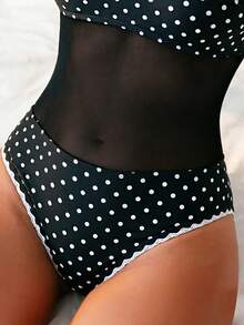 Swim Vcay 女款圓點印花網格拼接一件式泳衣，夏季度假海灘穿搭 - 黑與白 - 查看 4