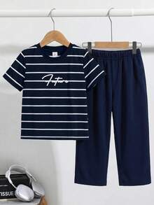 SHEIN Little Byeori 兒童小男孩圓領條紋字母印花短袖T恤與長褲休閒日常套裝 - 彩色 - 查看 3