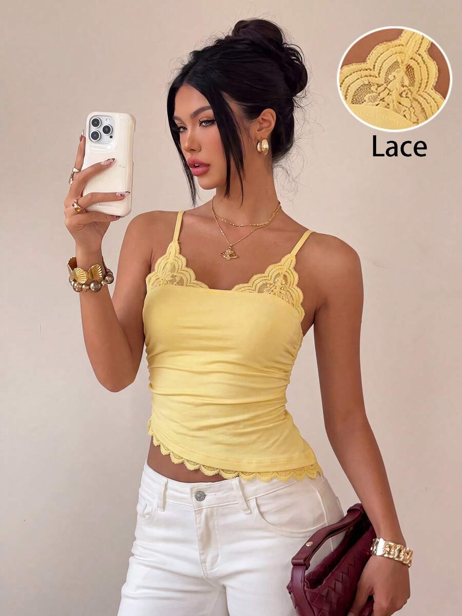 SHEIN Women's Spring/Summer New Lace Patchwork Camisole, Sexy Vacation Camisole, Street Style Camisole, Waist-Cinched Camisole, Asymmetrical Camisole, 2 In 1 Camisole, Positioned Lace Patchwork, Solid Color Slim Fit 2 In 1 Deep V-Neck Positioned Lace Patchwork Spaghetti Strap Asymmetrical Hem Backless Waist-Cinched, Holiday Vacation Date, Sexy Hot Girl Glamorous Casual Elegant Y2K, Women's Regular 2 In 1 Sexy Lace Patchwork Waist-Cinched Camisole - Pale Yellow - View 1