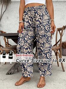 SHEIN CURVE+ 大尺碼女款全印花休閒百搭日常穿著長褲 - 彩色 - 查看 1