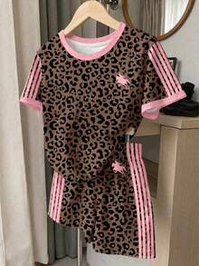 (Random Pattern, 1 Set Random) Girls' Fashion Pony Pink Striped Leopard Print Colorblock Bow Polka Dot Strawberry Pattern Basic Short T-Shirt And Shorts - Multicolor - View 5