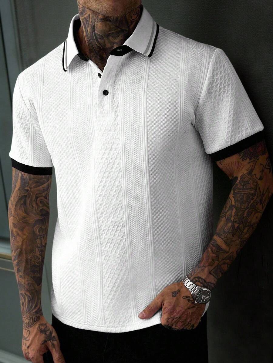 EGENSIO Men's Textured Colorblock Button Collar Fashion Polo Shirt - White - View 1