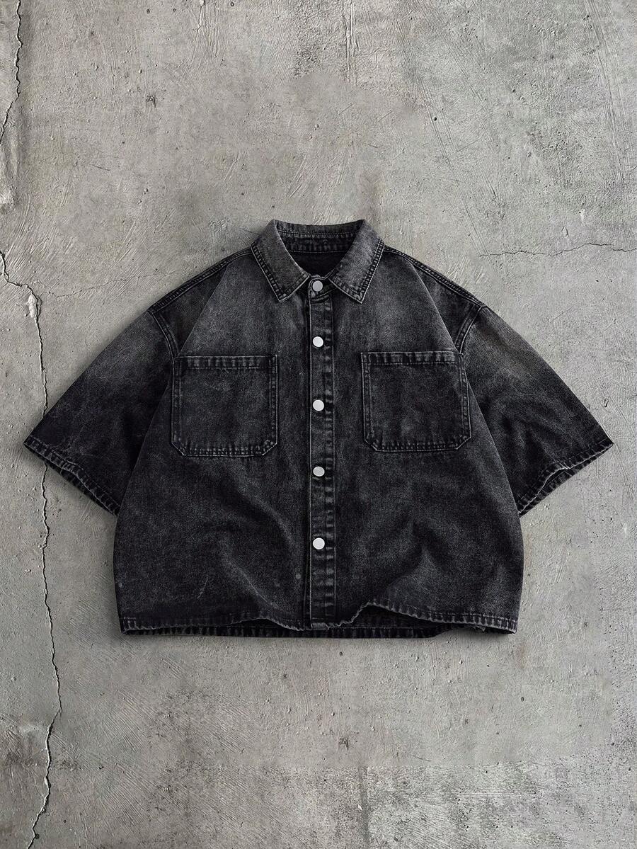 AXEPEAK Men's Gradient Color Turn-Down Collar Single-Breasted Double Pocket Short Sleeve Denim Shirt - Black - View 1