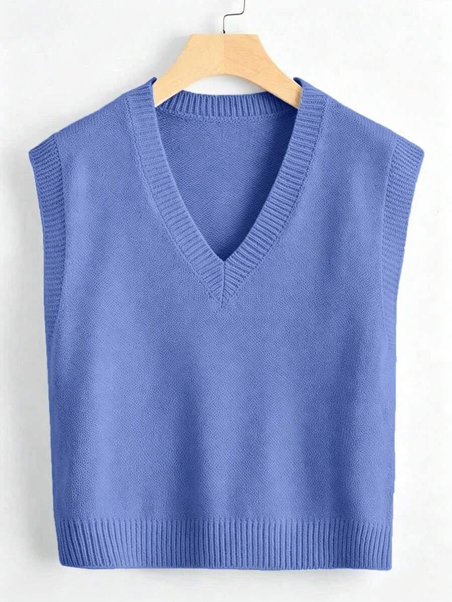 SHEIN Unity Chaleco de punto de unicolor versátil y casual - Azul - Ver 1