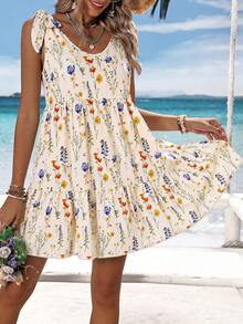 Swim Vcay Women Elegant Floral Tie-Knot Ruffle Hem Beach Vacation Dress,Summer Boho Holiday Beige,Casual Party Easter Countryside Work Outfit For Wedding,Club - Apricot - View 5